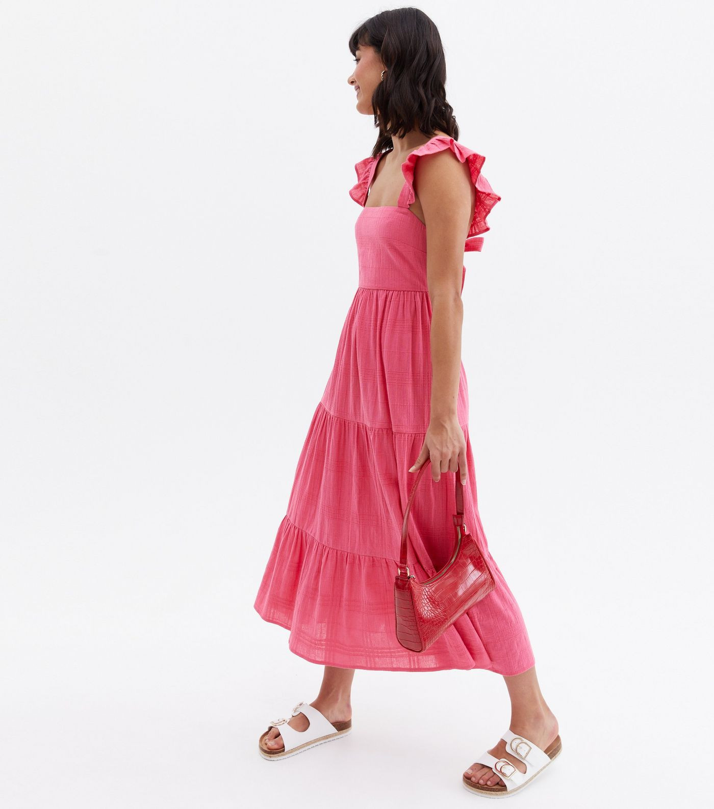 Bright Pink Frill Square Neck Tiered Midi Dress
						
						Add to Saved Items
						Remove from... | New Look (UK)