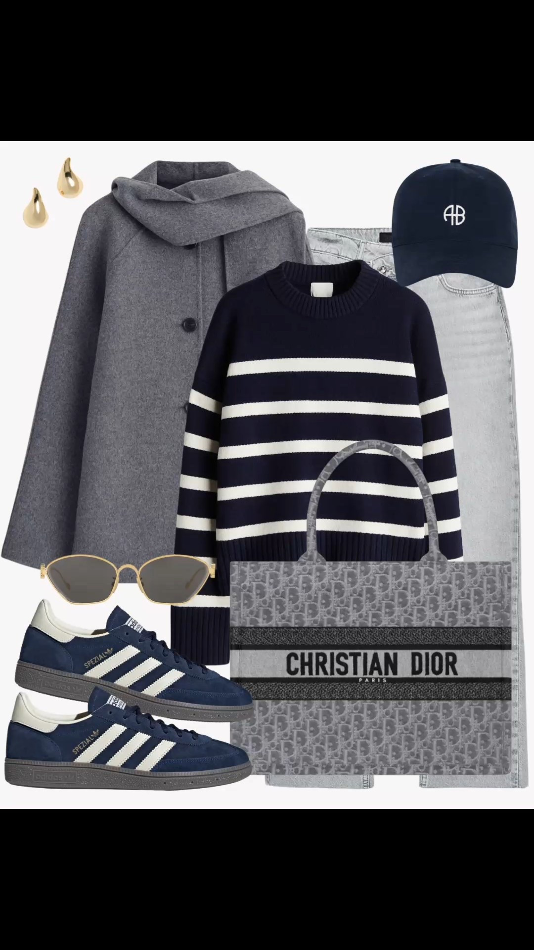 A late fall / early winter outfit with a wool scarf coat,striped sweater, jeans, sneakers, tote bag, cap 🩶💙

#LTKSaleAlert #LTKCyberWeek #LTKootd