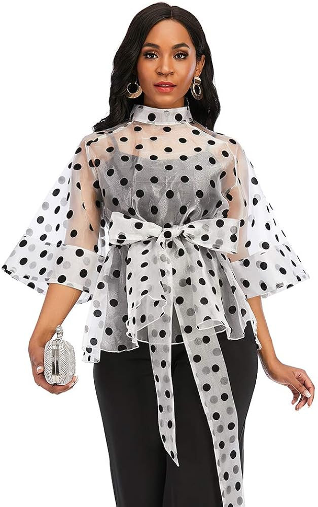 AOMEI Women's Stand Collar Polka Dot See Through Front Tie Peplum Blouse | Amazon (US)