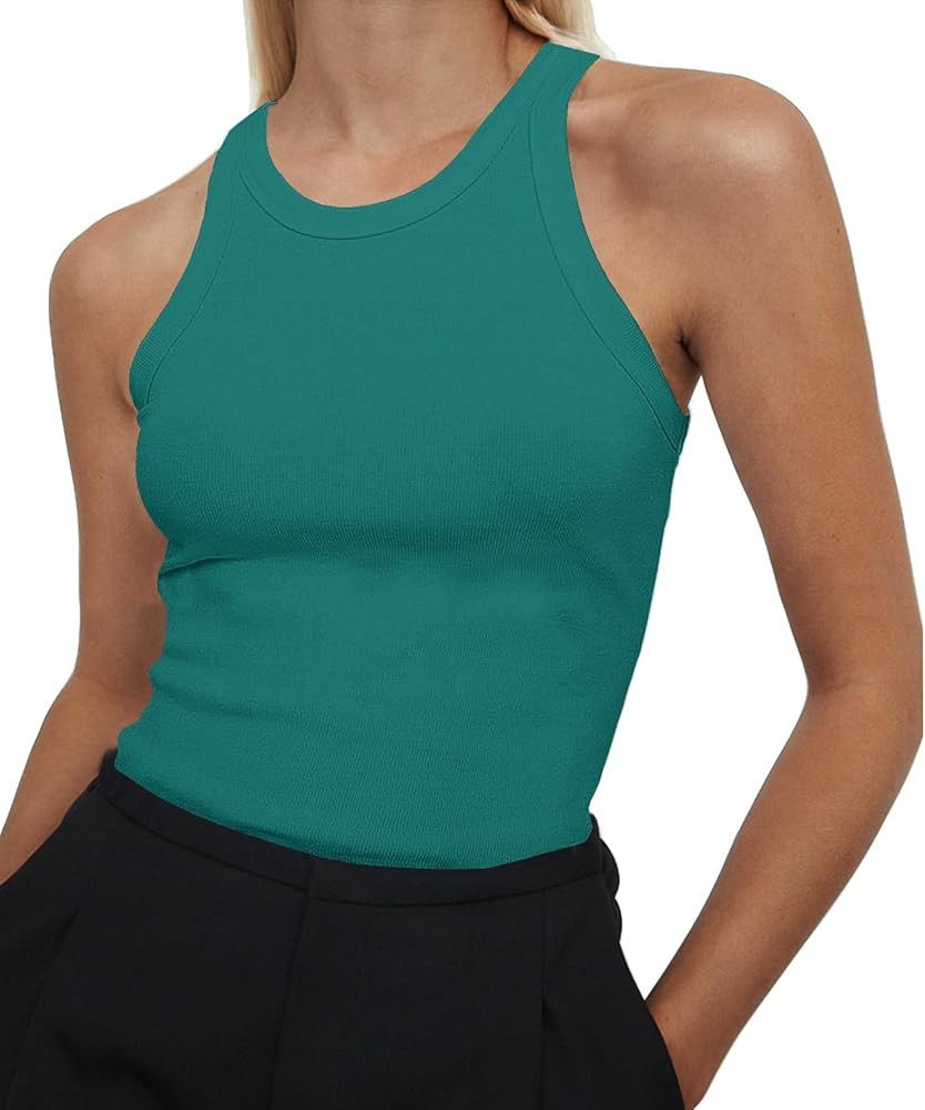 Artfish Women's Sleeveless Full Length Ribbed Fitted Racerback Workout Crew High Neck Basic Tank ... | Amazon (US)