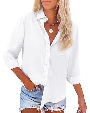 Womens Button Down Shirts Cotton Dress Shirts Oxford Shirts Long Sleeve Work Blouses Collared Top... | Amazon (US)