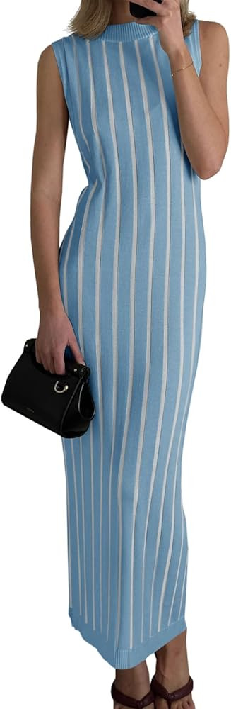 Wenrine Womens Sleeveless Sweater Dress Mock Neck Ribbed Knit Fall Tank Maxi Dresses | Amazon (US)