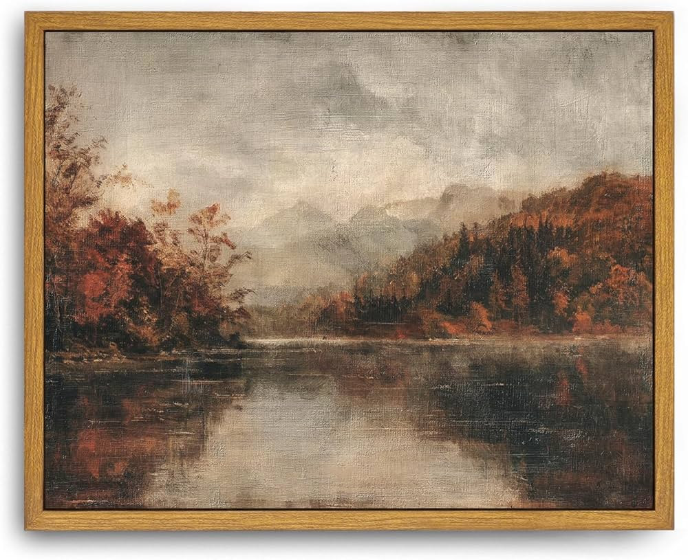 Roslynity Framed Canvas Wall Art Vintage Print Fall Lake Landscape Oil Paintings Autumn Rustic Mo... | Amazon (US)