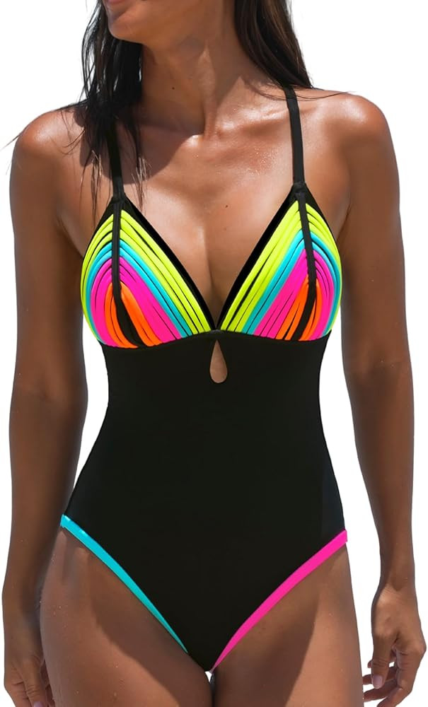 popvil One Piece Swimsuit for Women 2026 Bathing Suit Rainbow Color Block Swim Suits Deep V Neck ... | Amazon (US)