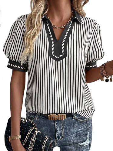 VICHYIE Womens Summer Lapel Collar V Neck Short Puff Sleeve Dressy Blouses Striped Color Block Wo... | Amazon (CA)