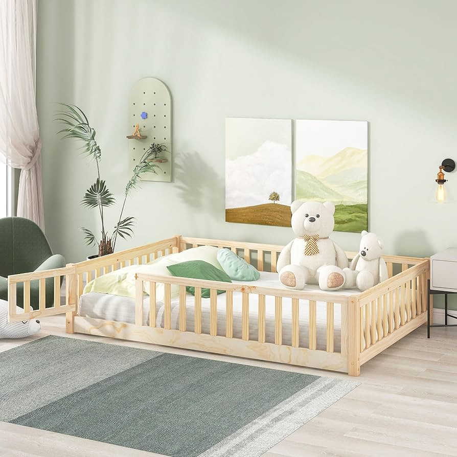 Full Size Floor Bed Frame with Safety Fence and Door, Wood Montessori Floor Bed with Slat Support... | Amazon (US)