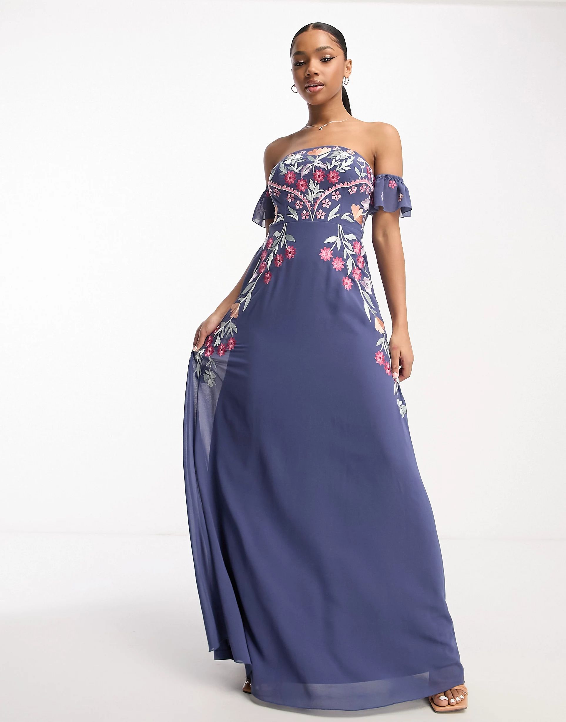 Maya off shoulder maxi dress with embroidery in blue | ASOS (Global)