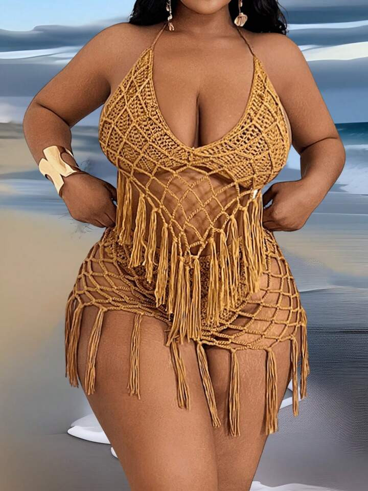 Slaydiva Plus Size Women Casual Fringed Hollow Out Camisole & Hollow Out Fringed Triangle Panty 2pcs Set, Suitable For Beach Vacation | SHEIN