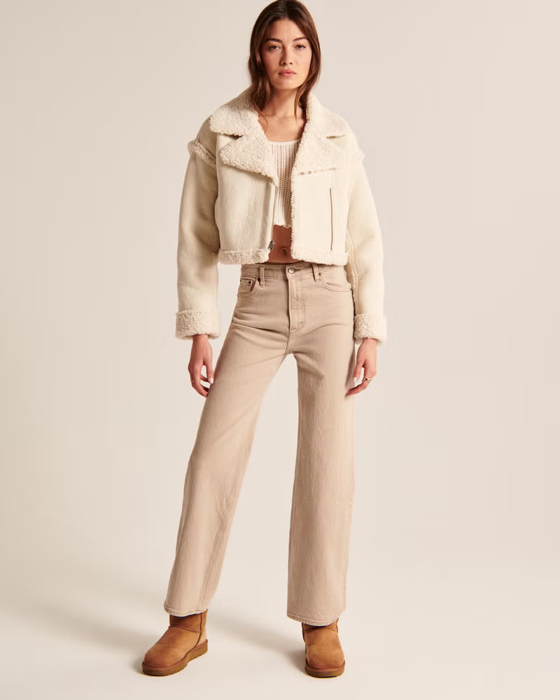 Women's Cropped Vegan Suede Shearling Jacket | White Jacket Jackets | Winter Jacket | Abercrombie & Fitch (US)