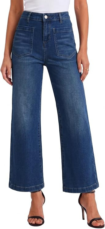 Womens Wide Leg Jeans High Waisted Stretchy Straight Leg Denim Pants | Retro Patch Pockets, Cropp... | Amazon (US)