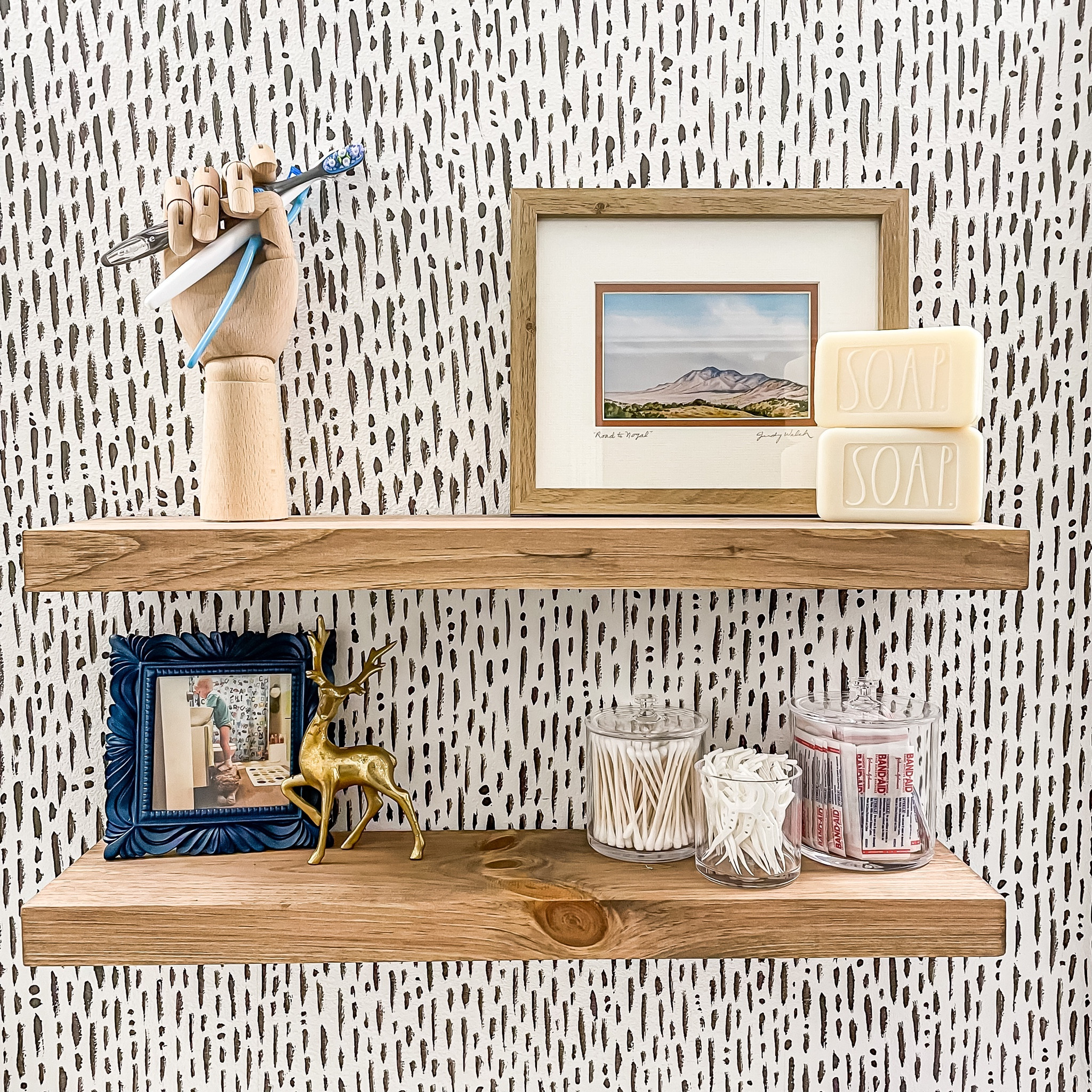 Kids Bathroom Shelf Styling Ideas. 
Functional and fun. 

toothbrush holder, picture frame, containers, deer figure, soap, art

#LTKkids #LTKFind #LTKhome