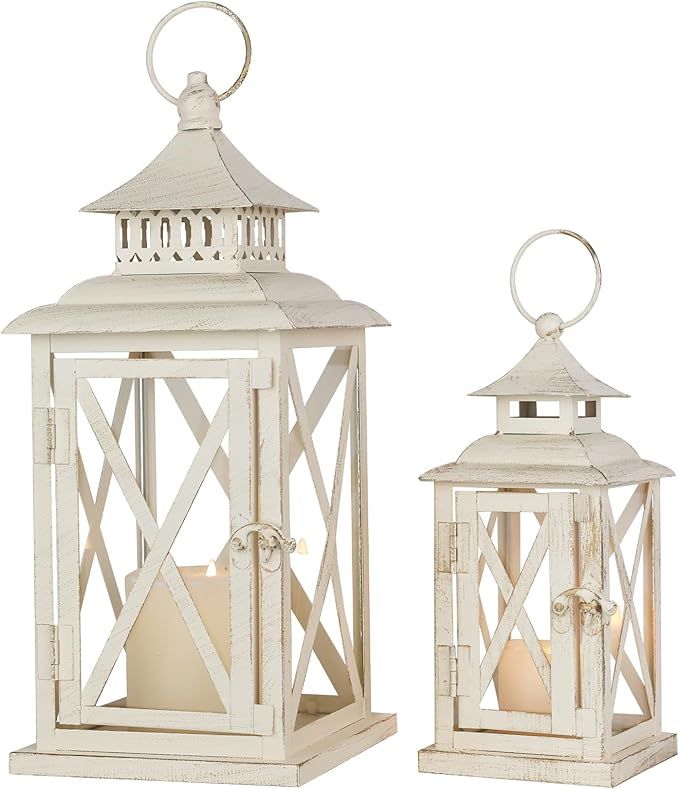 Lanterns Decorative Outdoor&Indoor, Set of 2 (14"&10") Beige Metal Lantern Decor with Glass, Cand... | Amazon (US)