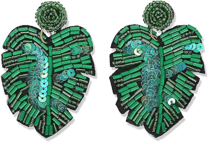 Beaded Palm Leaf Earrings for Women Fashion Bohemian Statement Dangle Earrings Summer Beach Jewel... | Amazon (US)