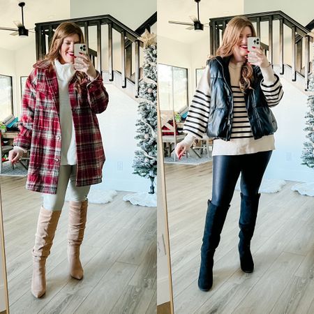 Winter outfits from amazon. Faux leather leggings. Striped sweater. Faux leather vest. Plaid shacket. Knee high boots. Oversized sweater for leggings.

Sweaters size medium. Vest size large. Shacket size medium. Beige leggings size large. Black leggings size medium. 

#LTKsalealert #LTKunder50 #LTKstyletip