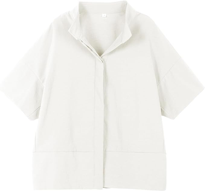 Ainangua Women Casual Button Down Shirts Oversized Short Sleeve Stand Collar Tops Trendy Work Blo... | Amazon (US)