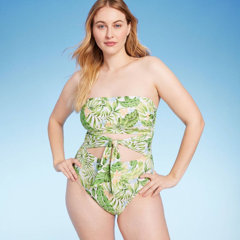 Women's Bandeau Tie-Front Cut Out One Piece Swimsuit - Shade & Shore™ Green Tropical Print | Target