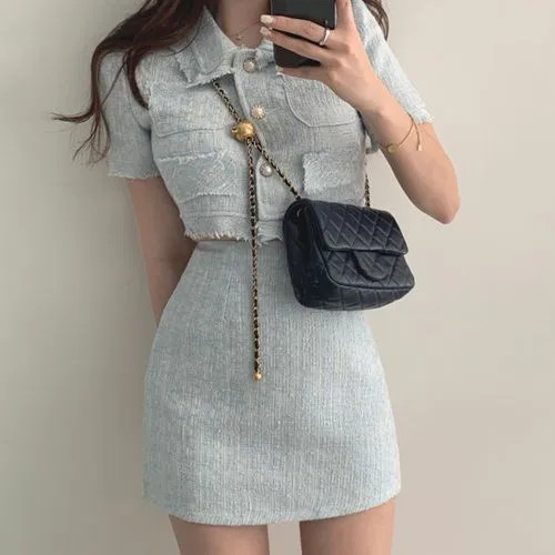 NENE - Tweed Short-Sleeve Cropped Jacket / Mini Pencil Skirt | YesStyle Global