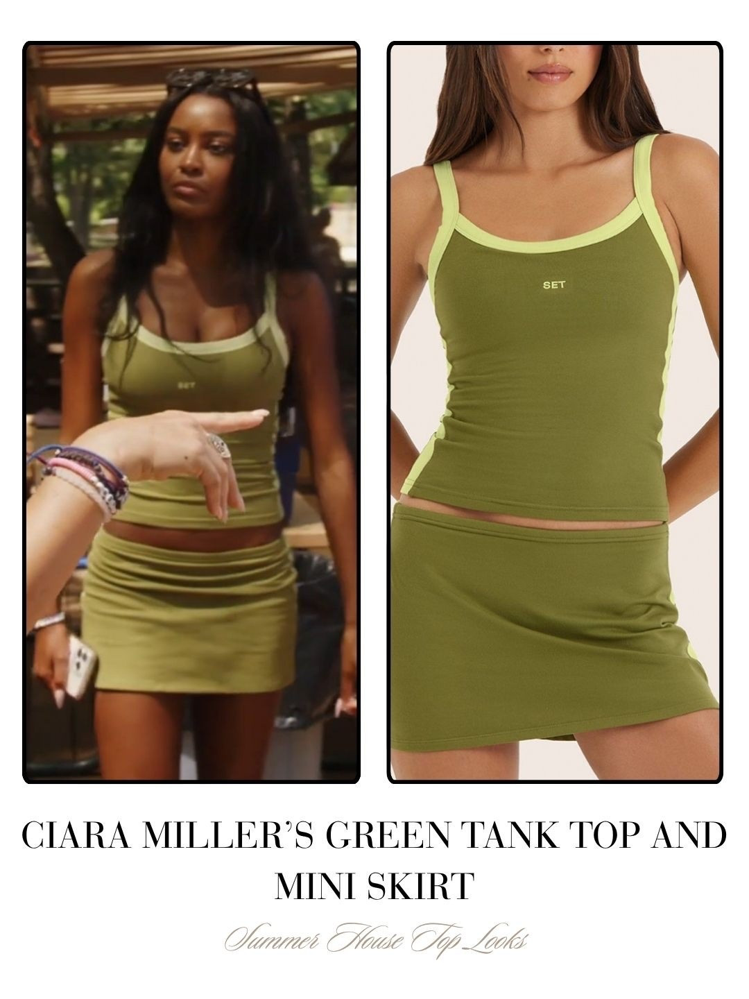 Ciara Miller’s Green Tank Top and Mini Skirt