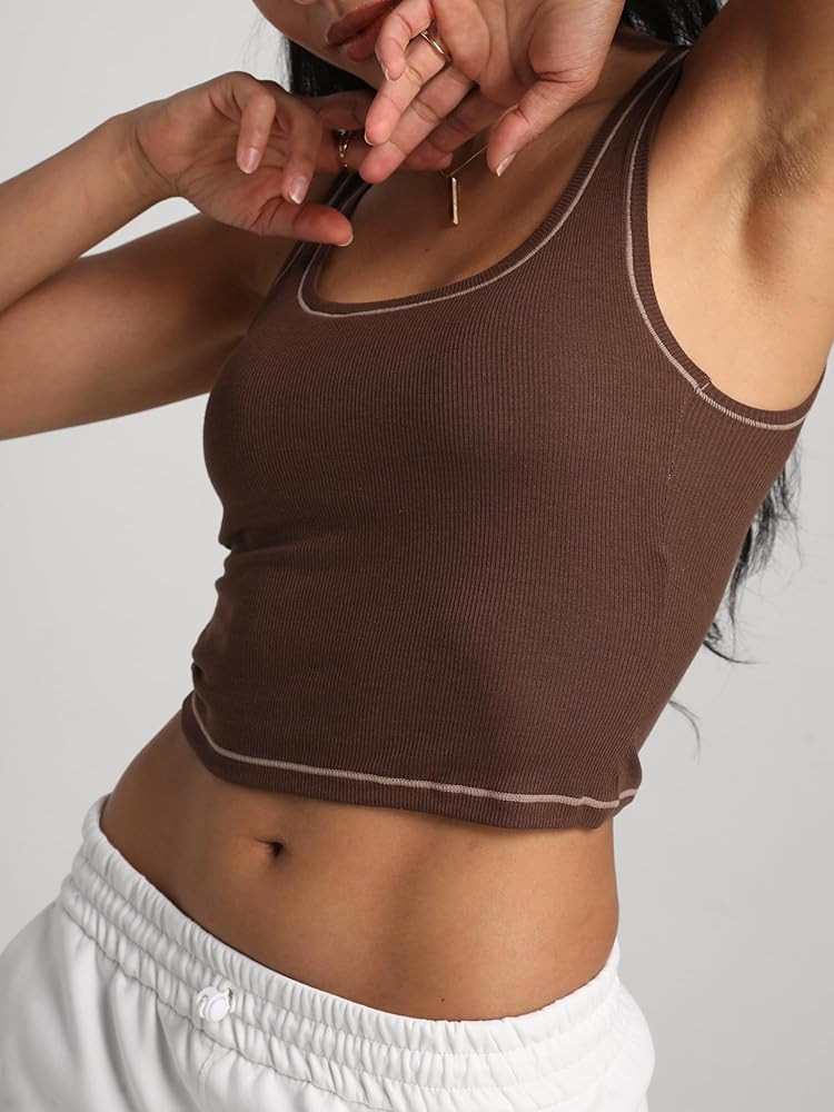 Danysu Women Rib Tank Top Padded Workout Top Square Neck Crop Tank Fitted Basic Cami Tops | Amazon (US)