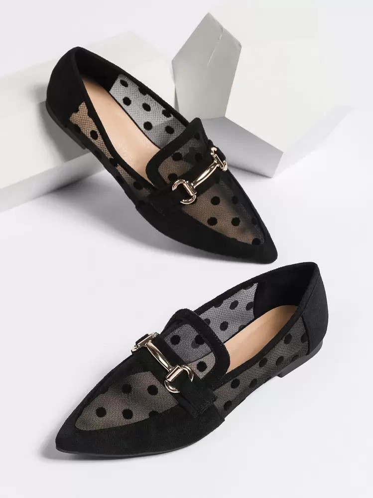 2025 Autumn Women Breathable Polka Dot Snaffle Decor Point Toe Flats, Fashionable Outdoor Mesh Lo... | SHEIN