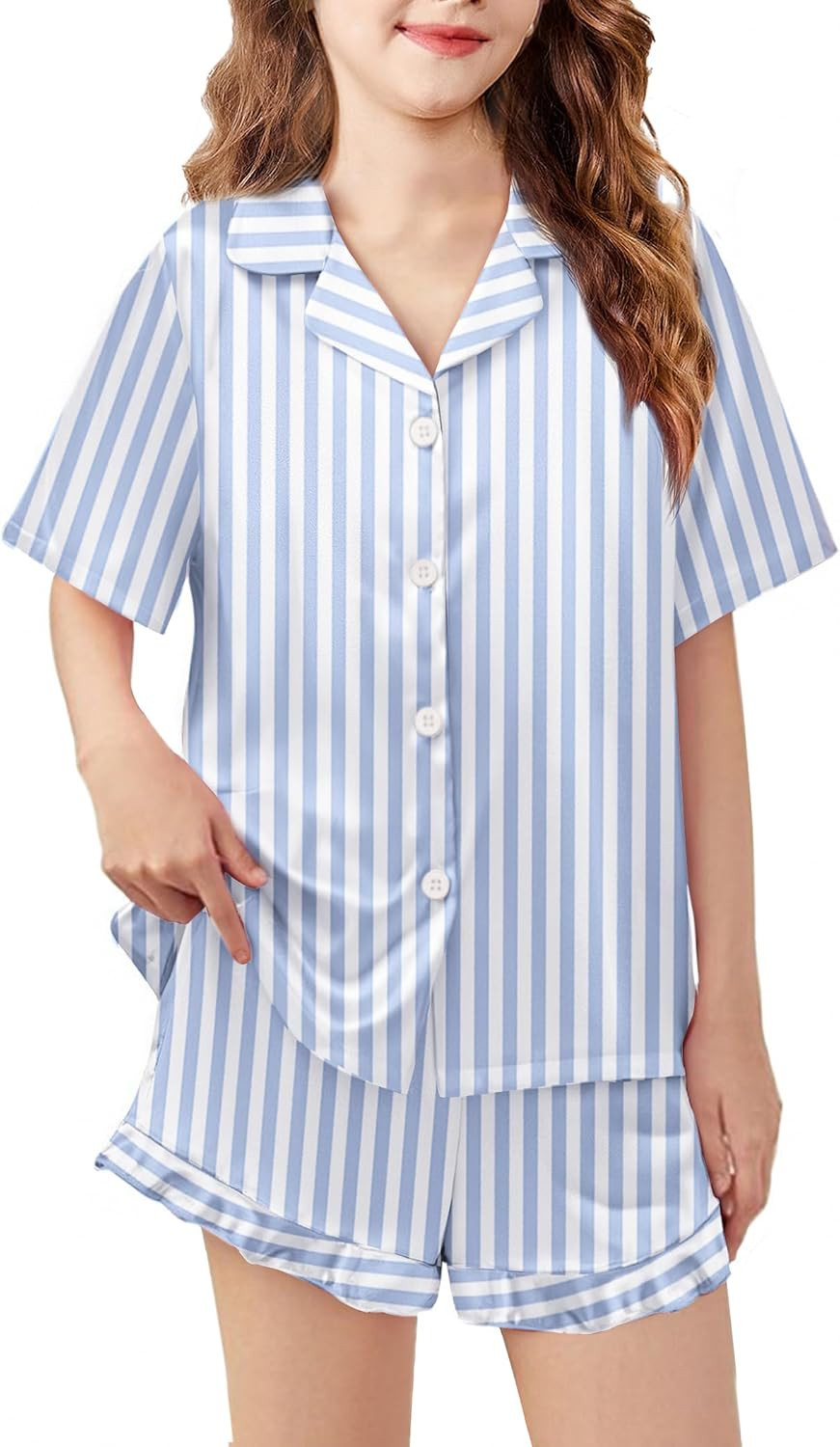 Arshiner Girls Pajamas Satin Pajama Set Silky Button Pjs Ruffle Sleepwear | Amazon (US)