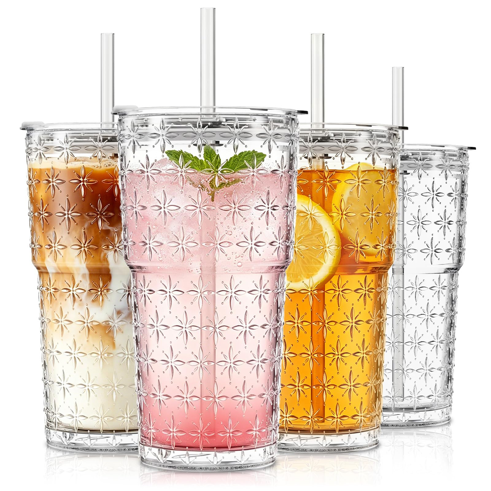 INSETLAN 20oz Sparkling Star Glass Tumblers with Lids and Straws, Set of 4, Thick-Walled Drinking... | Amazon (US)