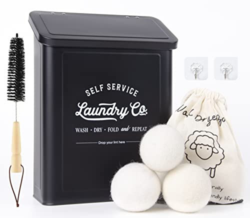 MONJITA Magnetic Lint Bin for Laundry Room, Metal Trash Can with Lid for Dryer, Farmhouse Lint Holder, Laundry Co Sign, Laundry Room Storage Decor with Dryer Lint Brush (Black-Dryer Ball Set) | Amazon (US)