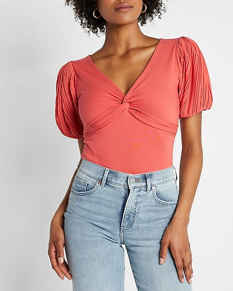 Twist Front Pleated Puff Sleeve Tee | Express