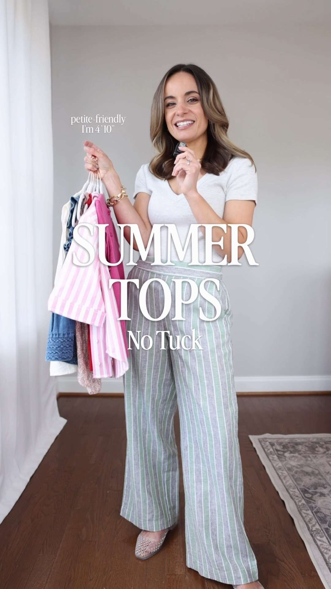 I heard you were looking for summer tops to wear untucked, I have a few ideas! 

Intro outfit 
Pants (LOFT): petite xxs / 10” rise / 27.5” inseam in petite 
T-shirt (Old Navy): petite xs 
Shoes (Sam Edelman): true to size 

Outfit 1 
Sweater (Anthropologie): xxs 
Skort (J.Crew): 00 
Shoes (Sam Edelman): true to size 

Outfit 2 
Chambray top (Anthropologie): xxs 
Shorts (BR Factory): xxs 
Sandals (Sam Edelman): true to size 

Outfit 3 
Red top (LOFT): petite xxs 
White shorts (Quince): 24 
Sandals (Sam Edelman): true to size 

Outfit 4 
Printed top (LOFT): petite xxs
Pink shorts (BR Factory): xxs 

Outfit 5 
Striped top (Anthropologie): xxs 
Jeans (Madewell): petite 24 

My measurements for reference: I’m 4’10” and 105lbs. My bust, waist, and hip measurement is 32”, 24”, and 36”.