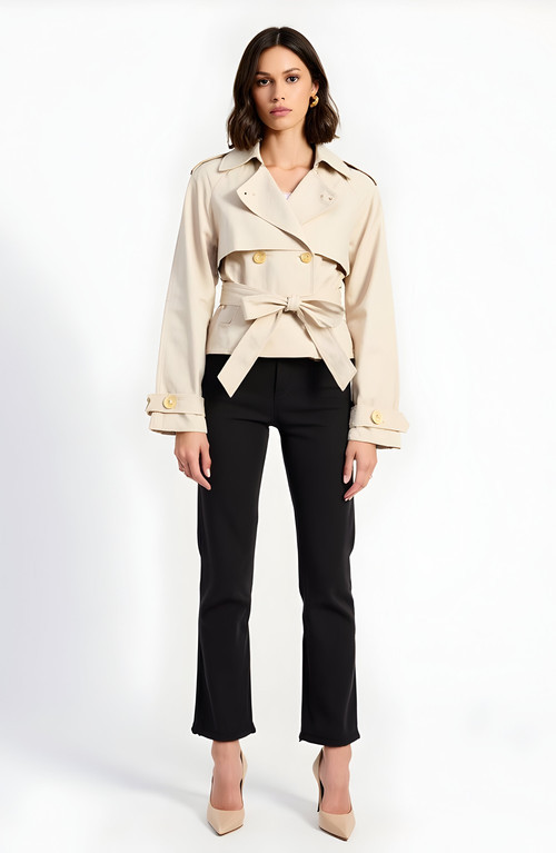 Modenaire Cropped Double-Breasted Trench Jacket with Waist Tie in Beige at Nordstrom, Size Medium | Nordstrom