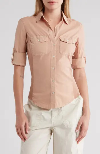 James Perse Three-Quarter Sleeve Button-Up Shirt in White Peach at Nordstrom Rack, Size 0 | Nordstrom Rack