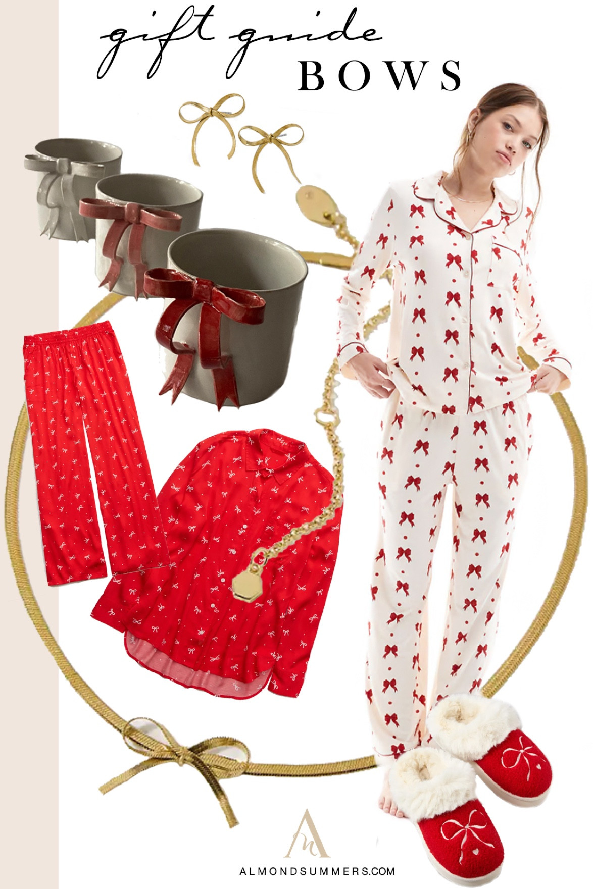 Feminine Christmas pajamas with red bows are the perfect red and white pajamas sleepwear for women! Paired with this cute gold bow necklace and matching gold bow earrings. The red bow coffee mug cup is also cute! The Christmas slippers with the bow with sherpa inner soles that look like uggs are so cute! 
Keyword tags  Aerie American Eagle Asos bow pajamas

#LTKHoliday #LTKGiftGuide #LTKSeasonal