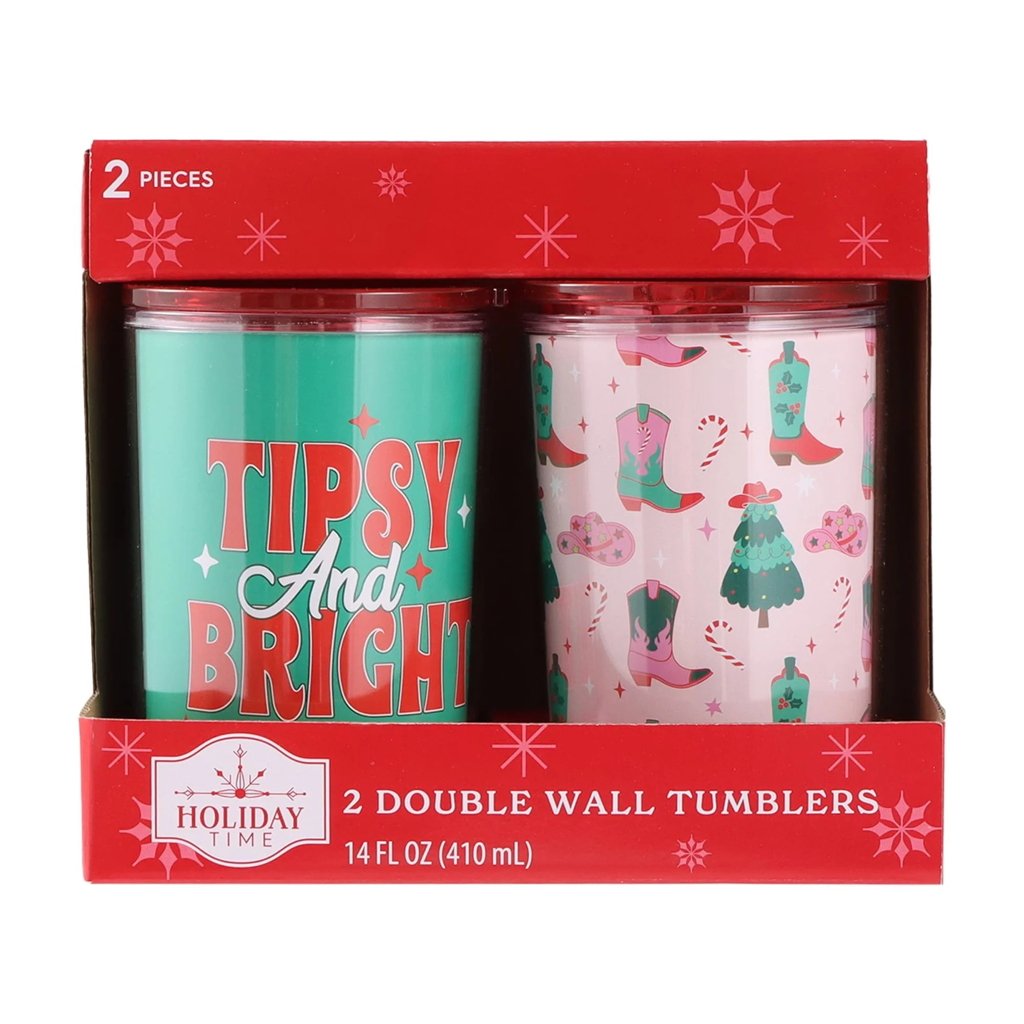 Plastic Double-Walled Christmas Tumblers with Lids, Green/Red/Pink, 14 fl oz, 2 Count, by Holiday... | Walmart (US)