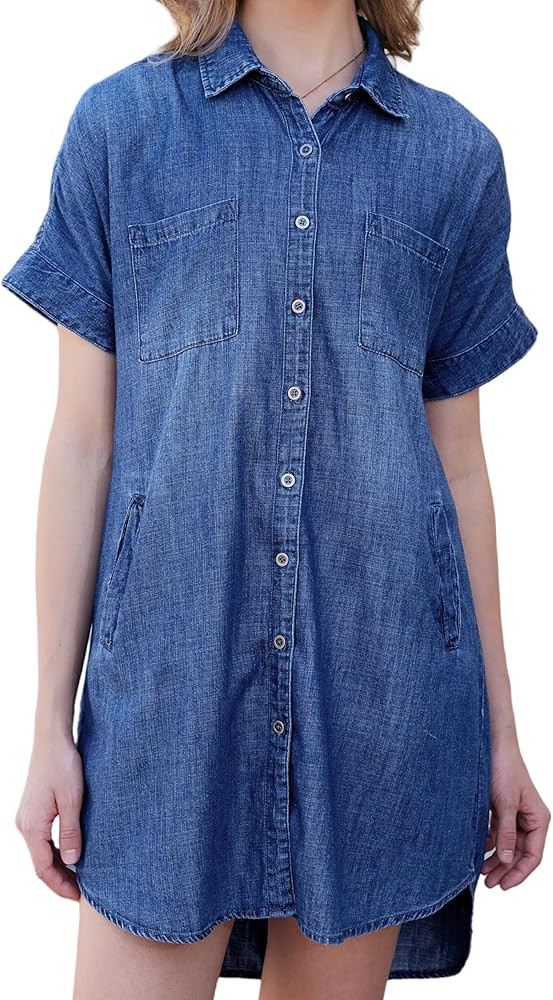 OVRUNS Women Denim Shirt Dress Short Sleeve Button Front High-Low Hem Jean Shirt Mini Dresses wit... | Amazon (US)