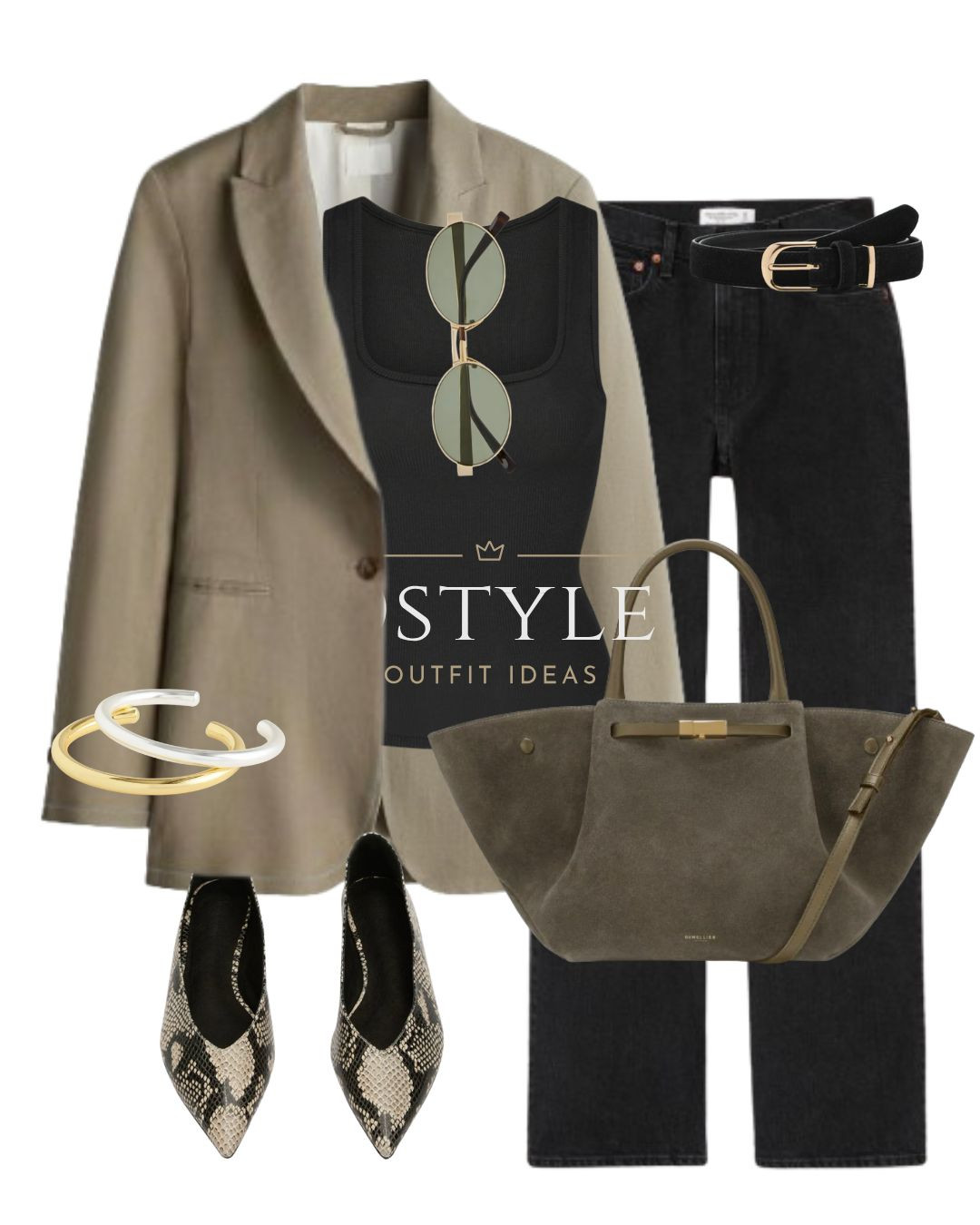 Khaki green linen-blend blazer, black tank top, black jeans, olive suede bag, black suede belt, ecru snake pointed-toe flat shoes.
 

#LTKStyleTip #LTKWorkwear #LTKItBag
