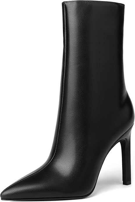 Reitoye Womens Pointed Toe Wide Calf Ankle Booties Stiletto Heel Mid Calf Short Boots | Amazon (US)