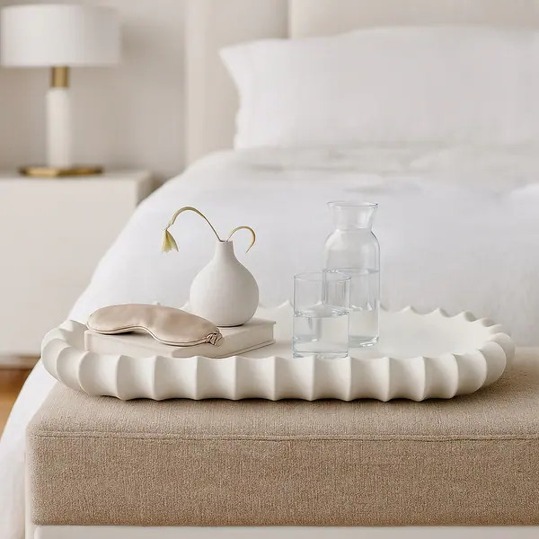 Ceramic Decorative Tray Sculpted Edge Design Modern Decor - 3" Ivory - 18.75" | Bed Bath & Beyond