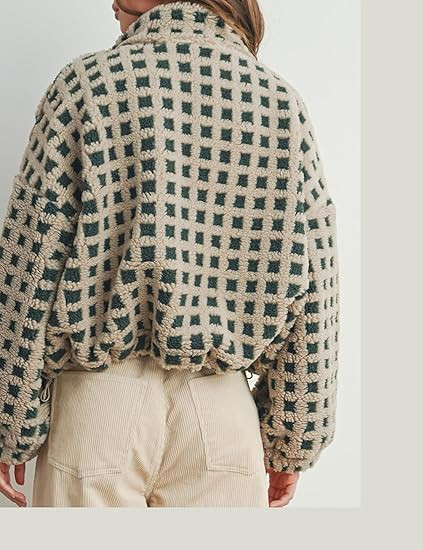 Esmeling Women’s Long Sleeve Cropped Sherpa Fleece Plaid Jacket Casual Chunky Teddy Fleece Oute... | Amazon (US)