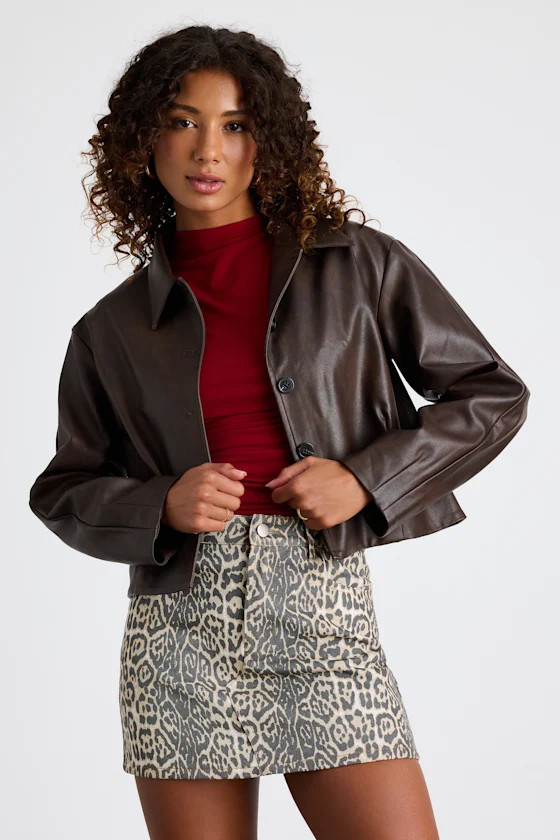 Mariely Brown Vegan Leather Button-Front Cropped Jacket | Lulus