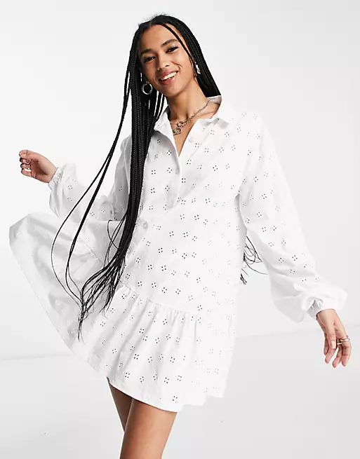 ASOS DESIGN eyelet long sleeve mini shirt dress in white | ASOS (Global)