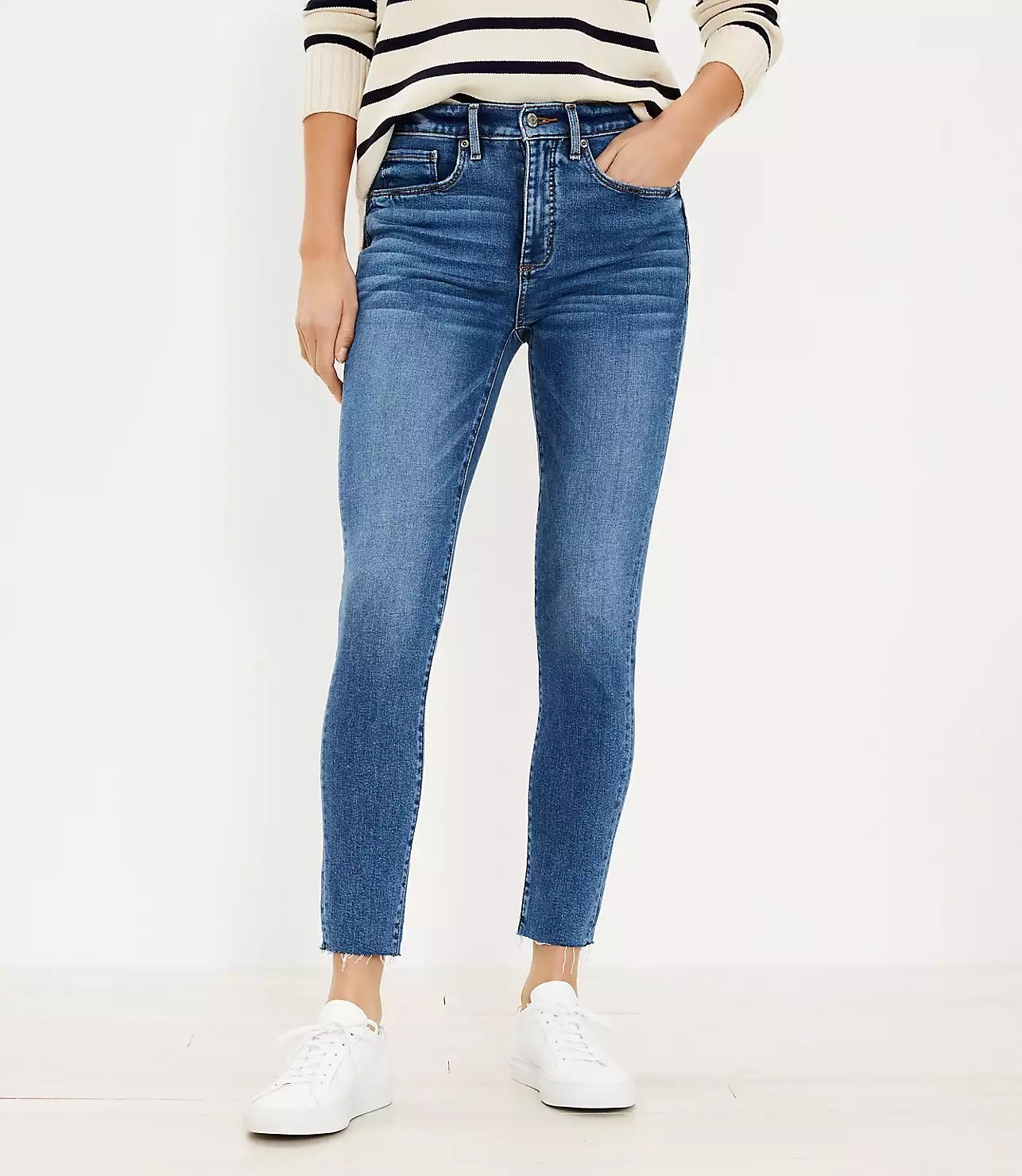 Mid Rise Skinny Jeans in Mid Indigo Wash | LOFT | LOFT