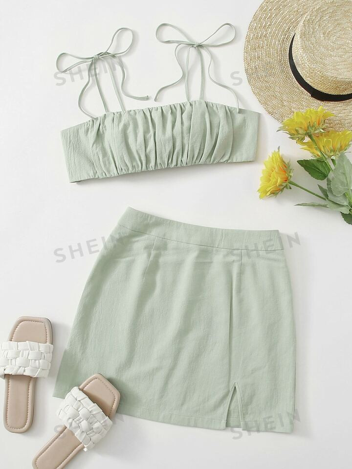 SHEIN WYWH Knot Shoulder Tie Back Ruched Bust Crop Cami Top & Split Hem Skirt Set | SHEIN USA | SHEIN