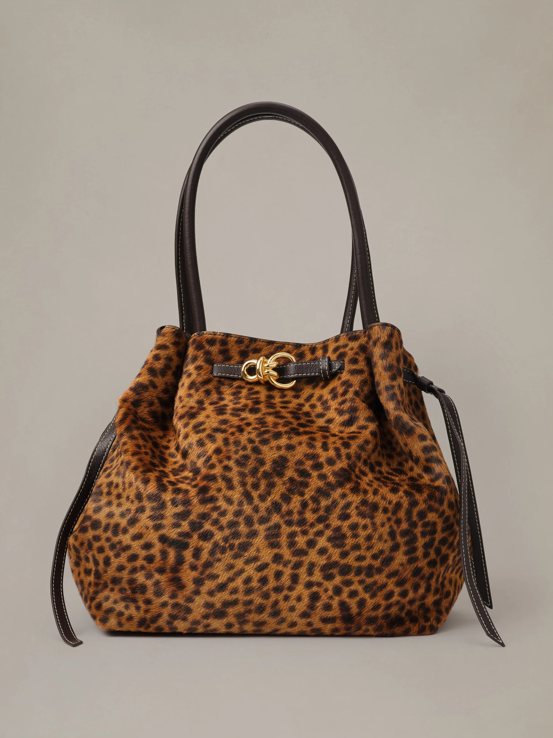 J.McLaughlin Women's The Lex Pony Hair Tote Bag in Leopard Brown/Dark Brown | Leather | J.McLaughlin