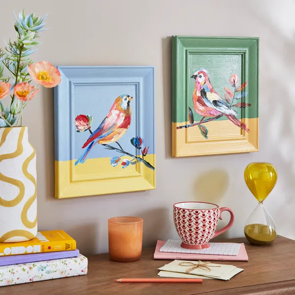 Set of 2 Hand Painted Birds Wall Art | Dunelm