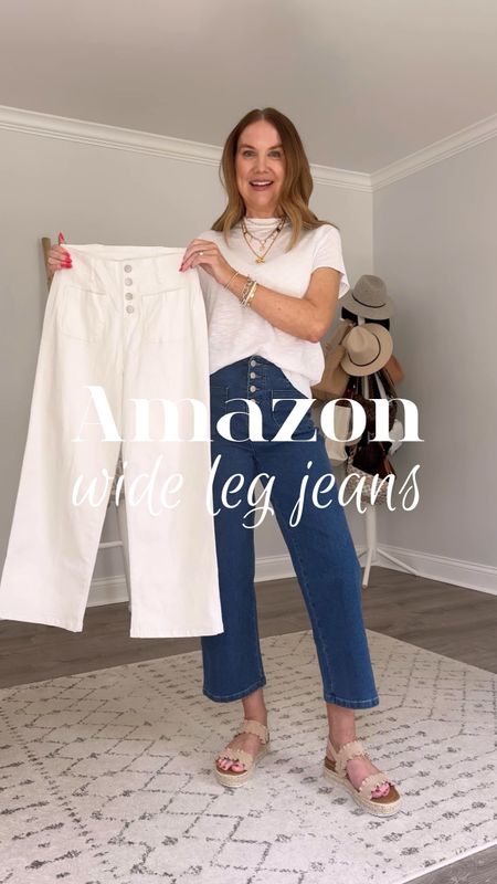 These wide leg jeans are from AMAZON!!! They are stretchy, very comfortable, hold their shape, come in 3 length options AND are very similar to a pair the details for $130. Size down if between.

Amazon fashion 2024, wide leg jeans, crop jeans, Amazon must have, over 40 fashion, ageless style, affordable fashion, Amazon outfit, Amazon try on, work from home outfit, white jeans

#LTKStyleTip #LTKVideo #LTKOver40