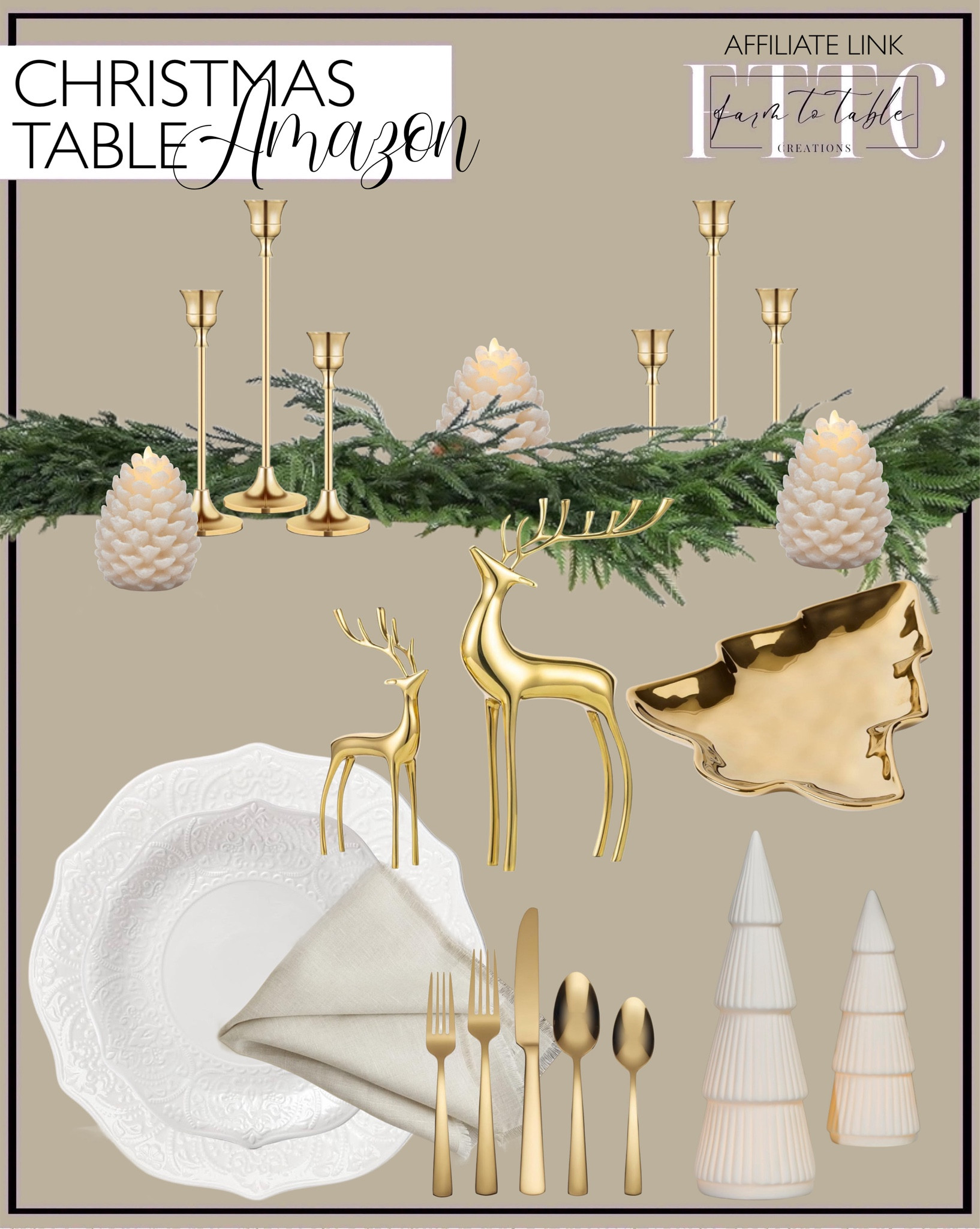 Amazon Christmas Table. Follow @farmtotablecreations on Instagram for more inspiration.

Set of 6 Porcelain Dinner Plates. Salad Plates. Linen Napkins. Gold Silverware. Creative Co-Op Acacia Wood Christmas Tree Shaped Bowl. Pinecone Flameless Candles. Gold Candlesticks. Norfolk Pine Garland. Reindeer Figurines. Ceramic Christmas Trees. 

Christmas Dinner. Christmas Table. Christmas Finds. Christmas Decor. Amazon. Amazon Home Finds. Holiday Tablescape
 

#LTKSaleAlert #LTKHome #LTKFindsUnder50