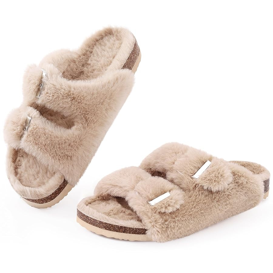 KIDMI Fuzzy Slippers Women with Cork Footbed Fluffy Slides Open Toe Indoor House Shoes | Arch Sup... | Amazon (US)