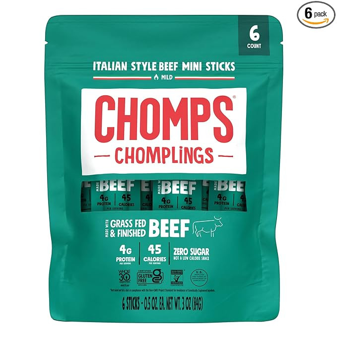 CHOMPS MINI Grass Fed Beef Jerky Meat Snack Sticks 6 count(0.5 Oz), 3 ounce Italian Beef | Amazon (US)