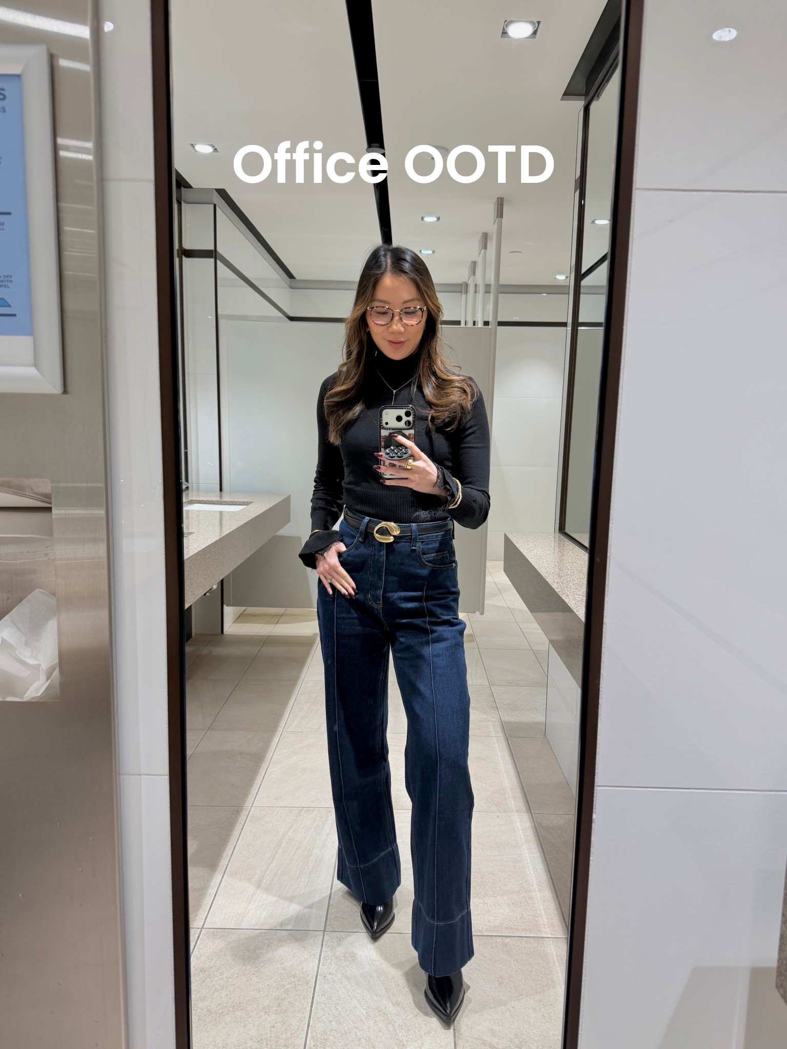 Monday Office OOTD: keeping it simple and chic with a pair of wide leg, dark denim jeans and a black mock neck  knit top. Simple accessories in a good pair of black boots make it the perfect capsule wardrobe outfit for a casual day at work.

#LTKootd #LTKWorkwear #LTKPetite