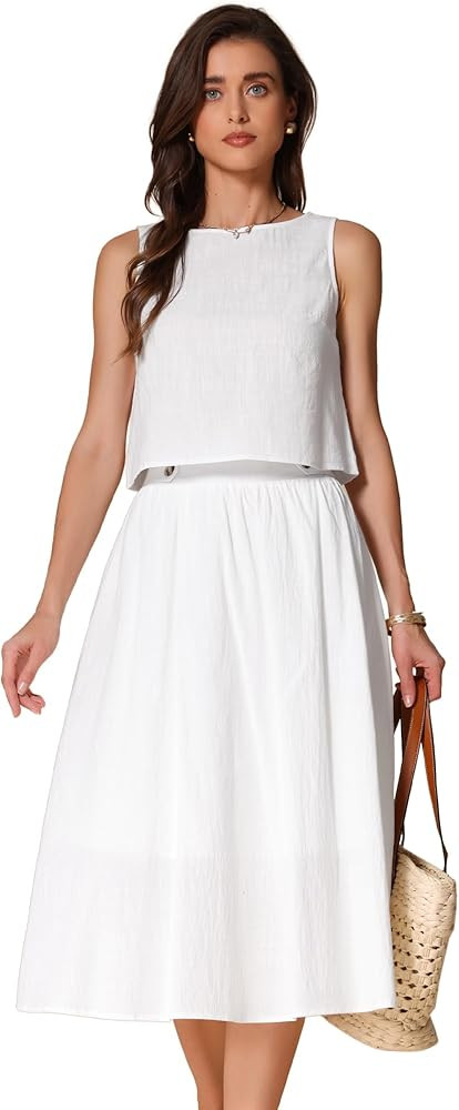 Allegra K Women Summer 2 Piece Outfits Round Neck Sleeveless Crop Top Dressy Casual Midi Skirt Su... | Amazon (US)